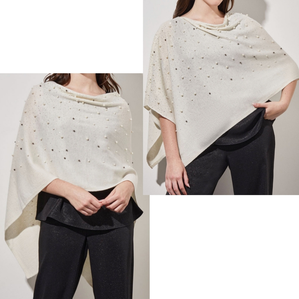 NWT Ming Wang one size cashmere wool blend pearl beaded poncho off white holiday